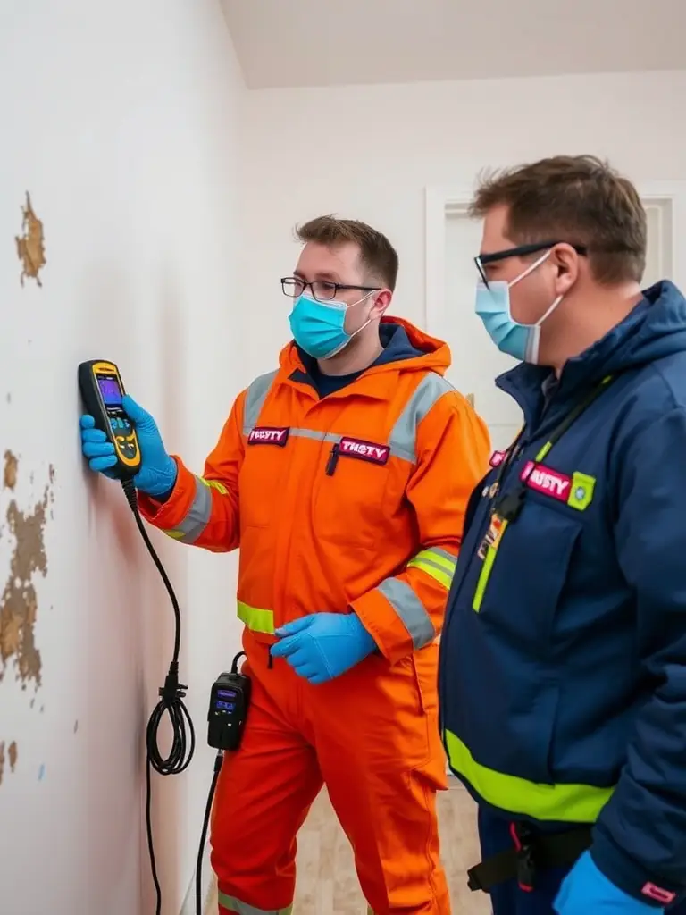 A photo of Trusty Water Rescue professionals carefully inspecting a property for mold, using protective gear and specialized equipment. The image should convey expertise and attention to detail.
