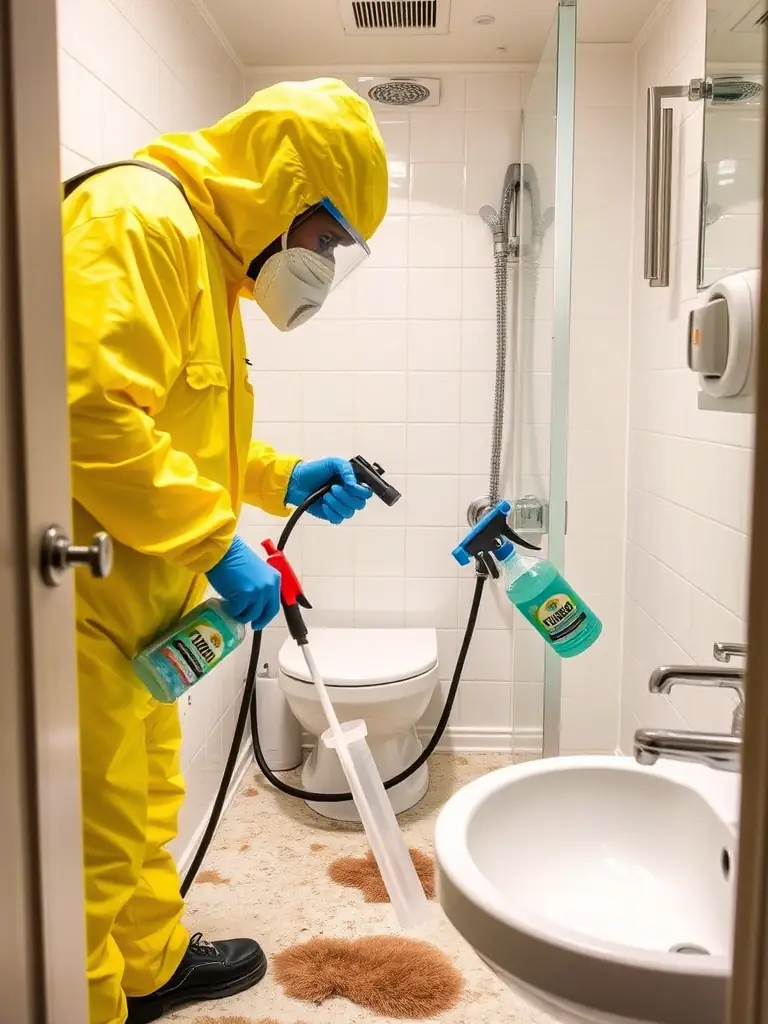 A photo showing Trusty Water Rescue technicians in full protective gear, carefully cleaning and disinfecting a property affected by sewage. The image should emphasize safety and thoroughness.
