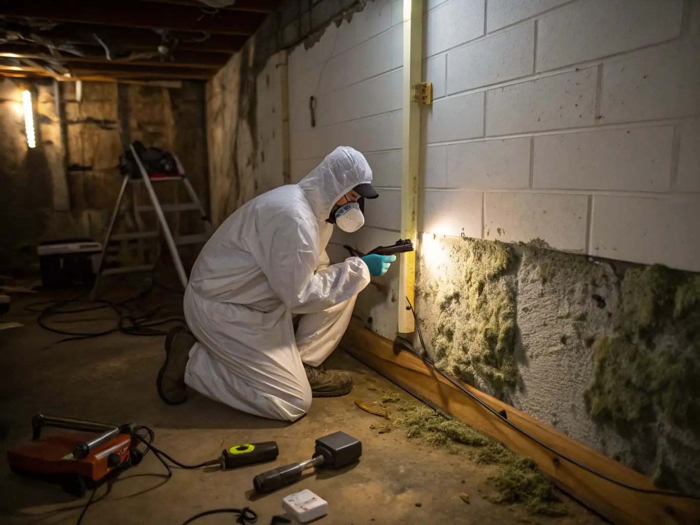 A Trusty Water Rescue technician inspecting mold-affected drywall with protective gear, highlighting their mold prevention and remediation services.