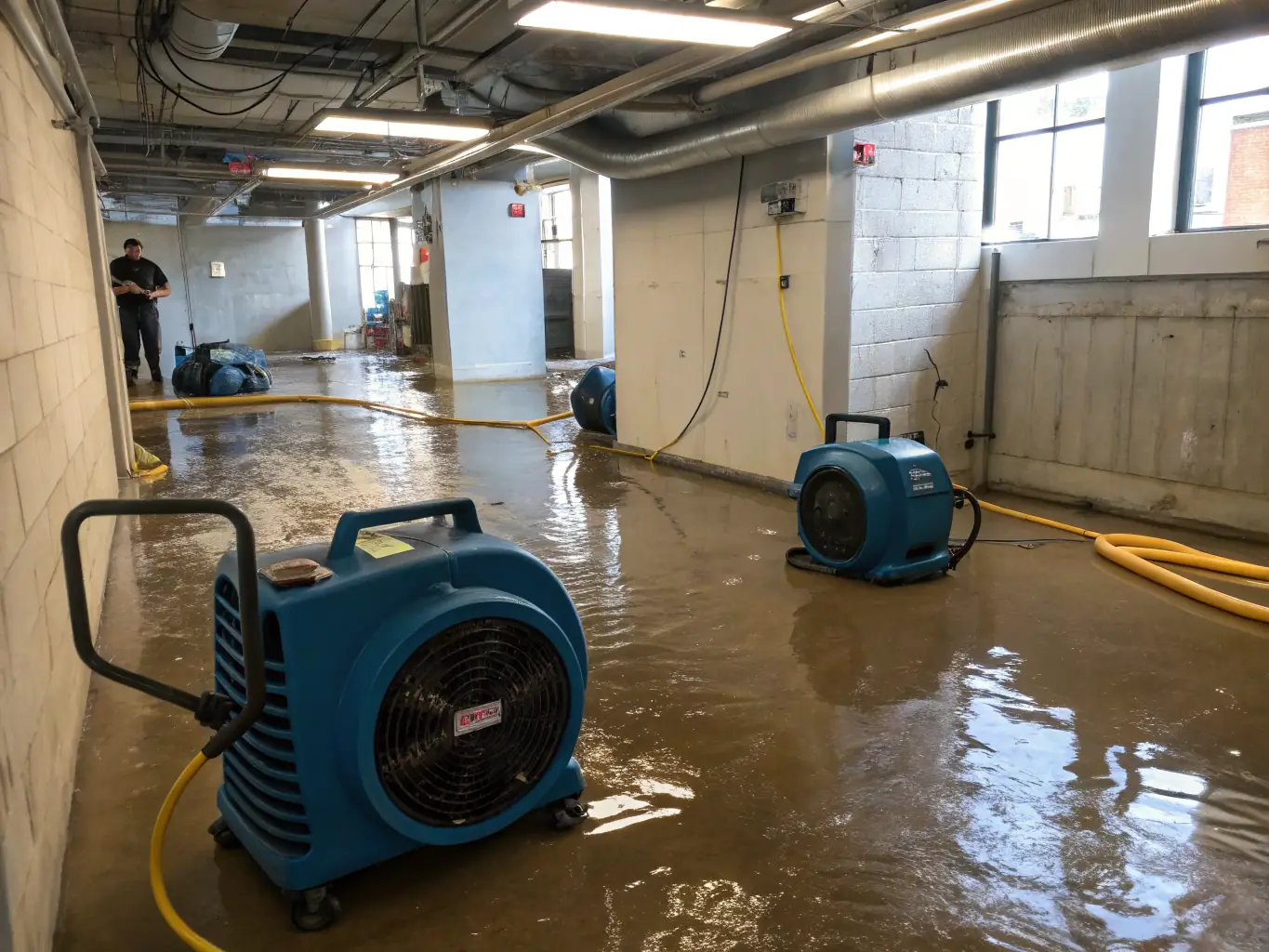 An image showing industrial-grade dehumidifiers and air movers strategically placed within a water-damaged building to facilitate structural drying. The image should highlight the technology used.