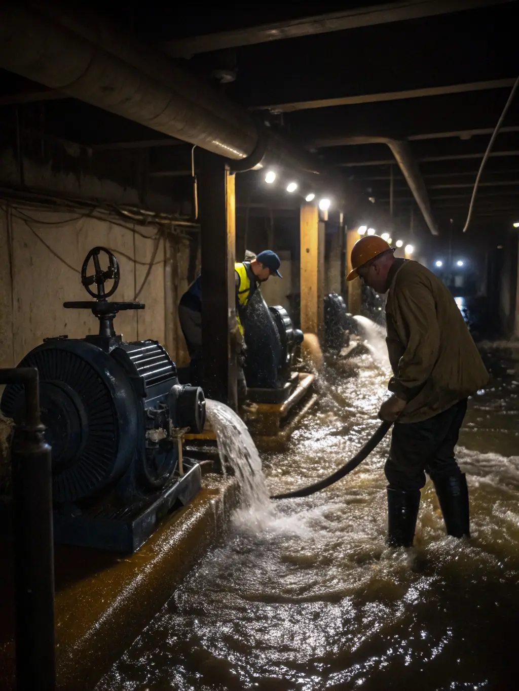 A high-resolution photo depicting Trusty Water Rescue technicians using professional-grade water extraction equipment in a flooded basement. The image should convey a sense of urgency and efficiency.
