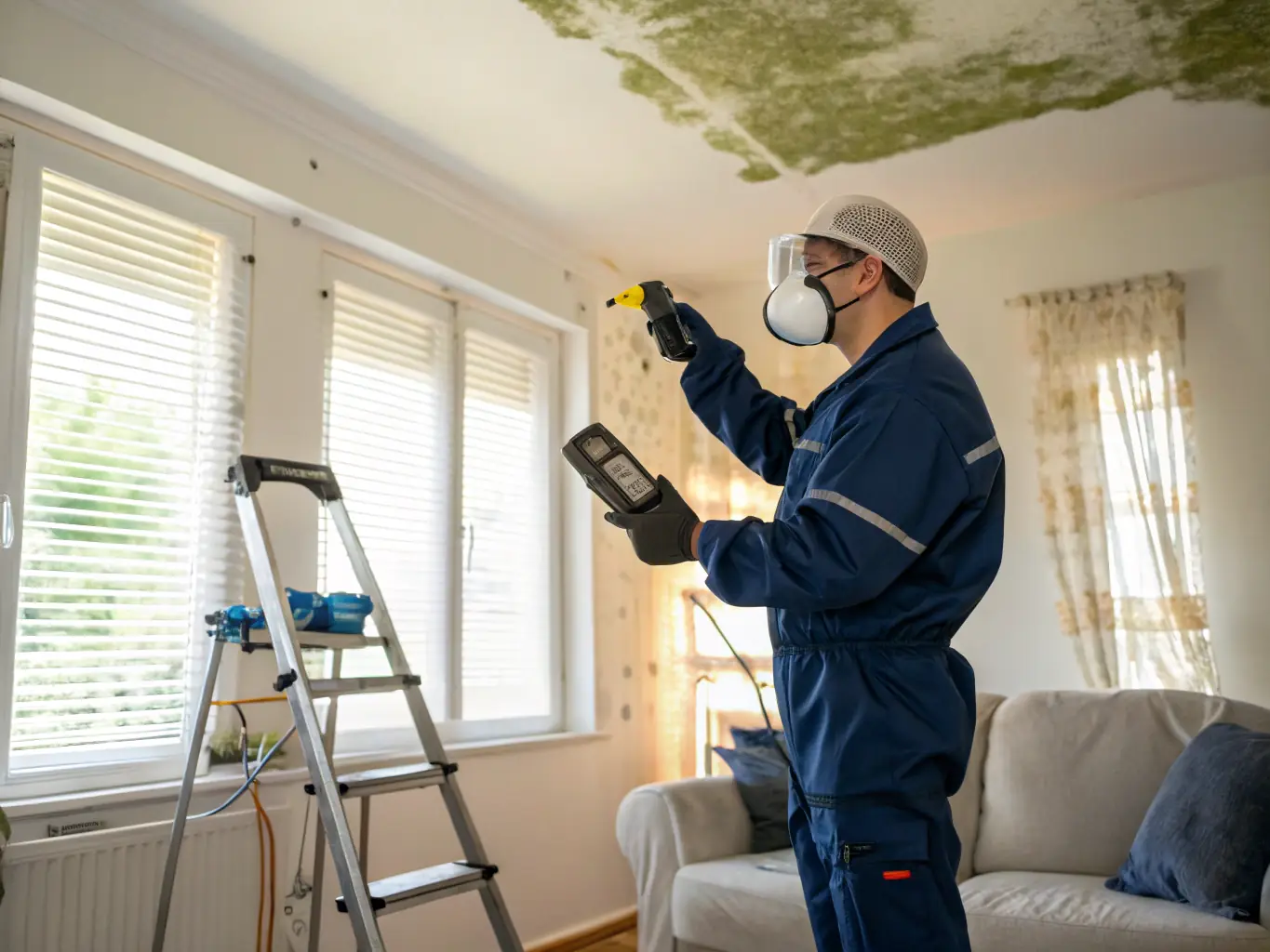 A photo of a Trusty Water Rescue specialist inspecting a property for mold, using specialized detection equipment. The image should convey expertise and thoroughness.