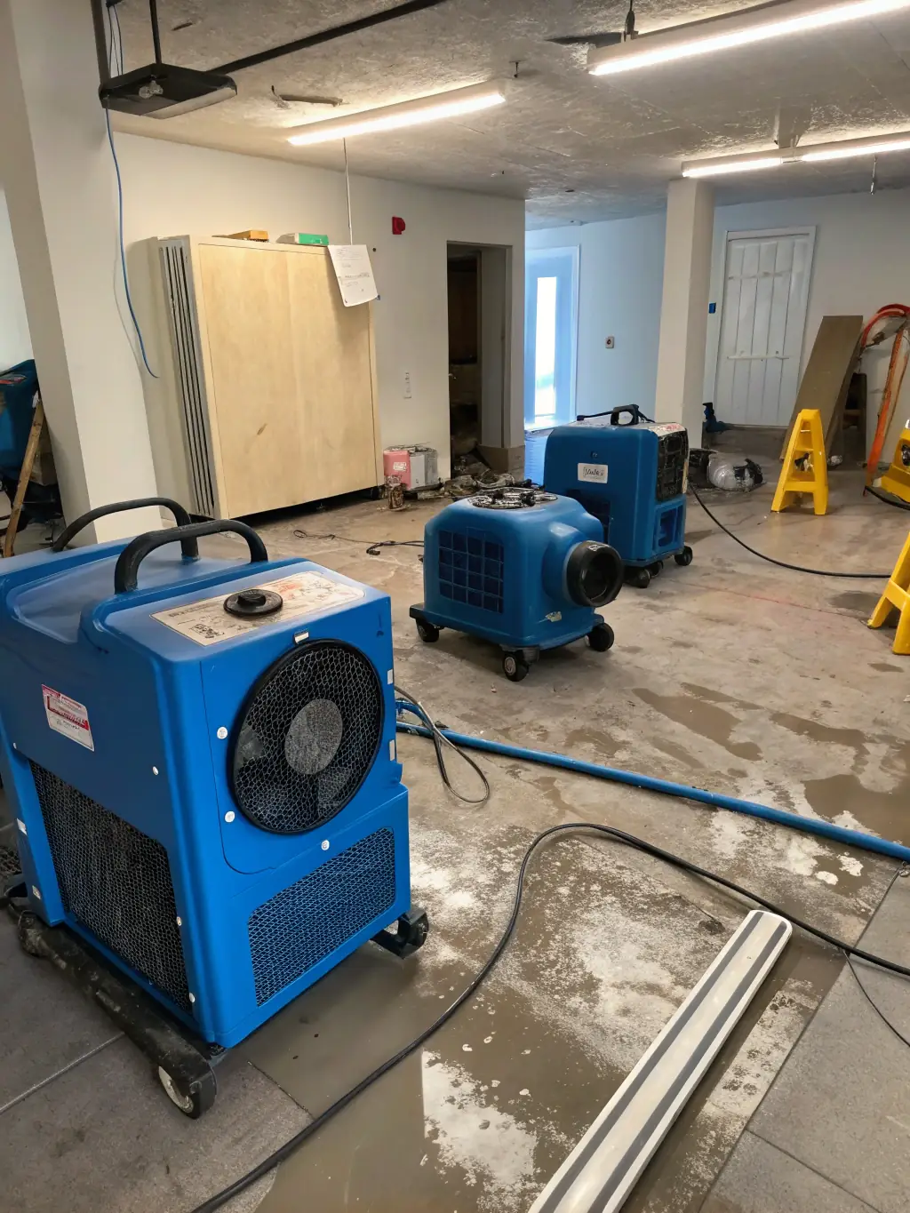 A photo showing Trusty Water Rescue specialists using industrial dehumidifiers and air movers to dry out a water-damaged room. The image should highlight the technology used and the process of structural drying.