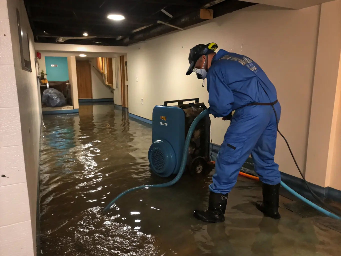 A team of Trusty Water Rescue technicians using high-powered water extraction equipment in a flooded basement, showcasing their rapid response to emergency water removal.