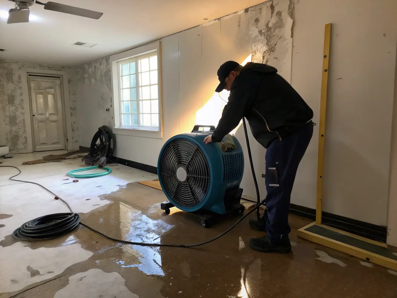 A Trusty Water Rescue technician setting up industrial dehumidifiers and air movers inside a water-damaged room in a commercial building in Santa Clarita, focusing on structural drying.