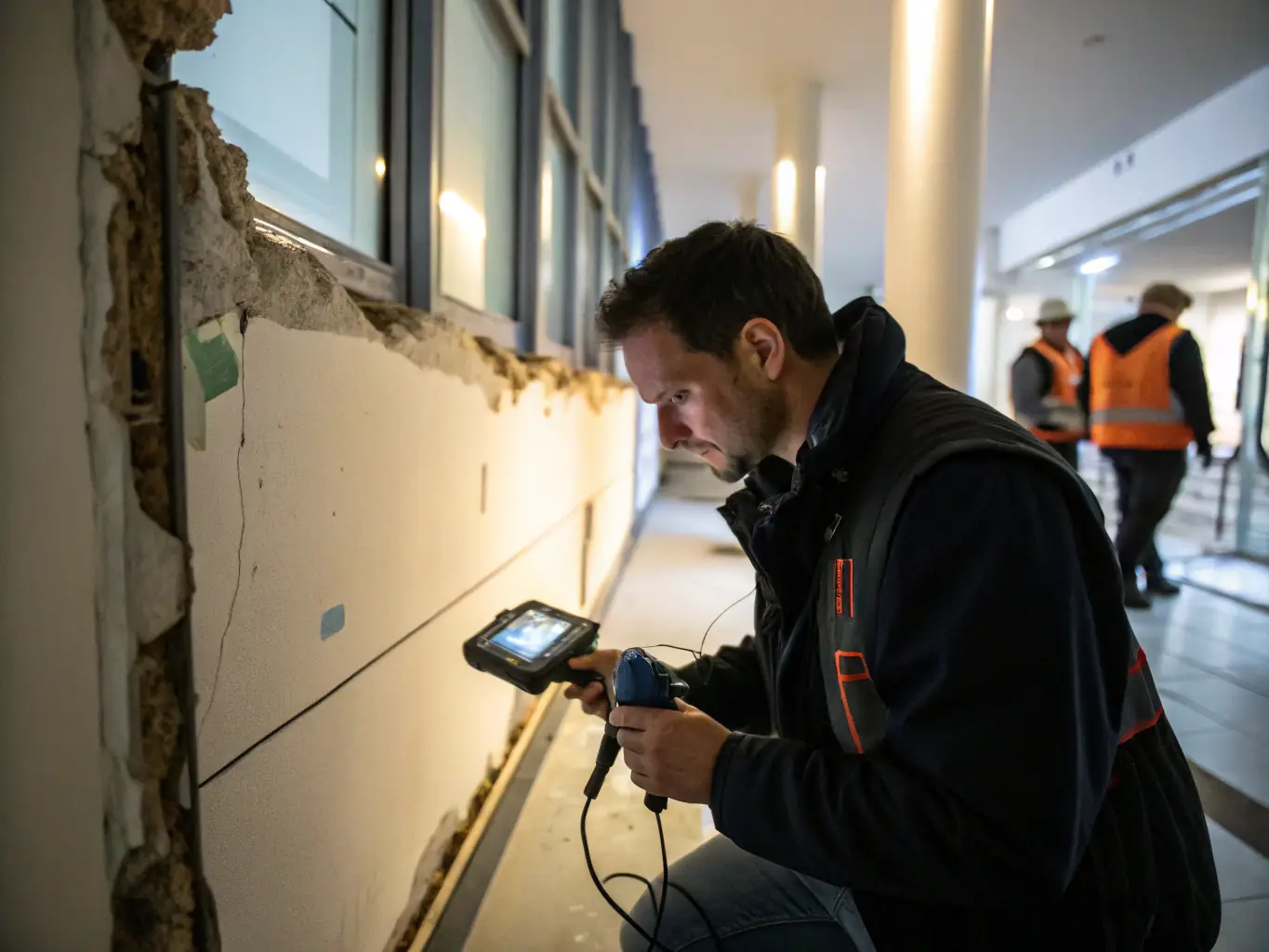 A high-resolution image depicting Trusty Water Rescue technicians using advanced moisture detection equipment to assess water damage in a residential property. The scene should convey professionalism and attention to detail.