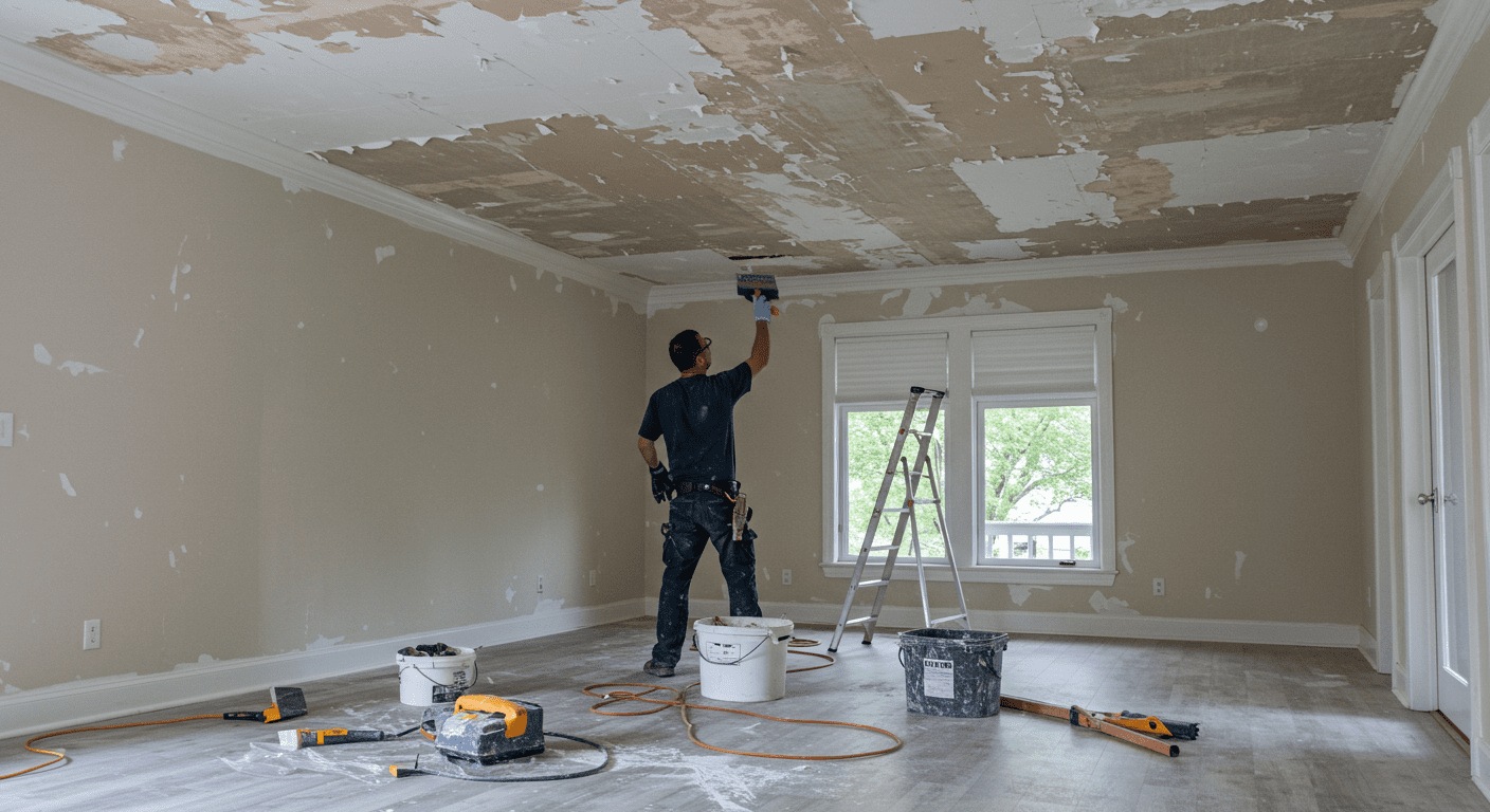 A professional contractor in action, scraping off an old popcorn ceiling in a well-lit living room. The scene captures the transformation process, with tools and materials neatly arranged on the floor.