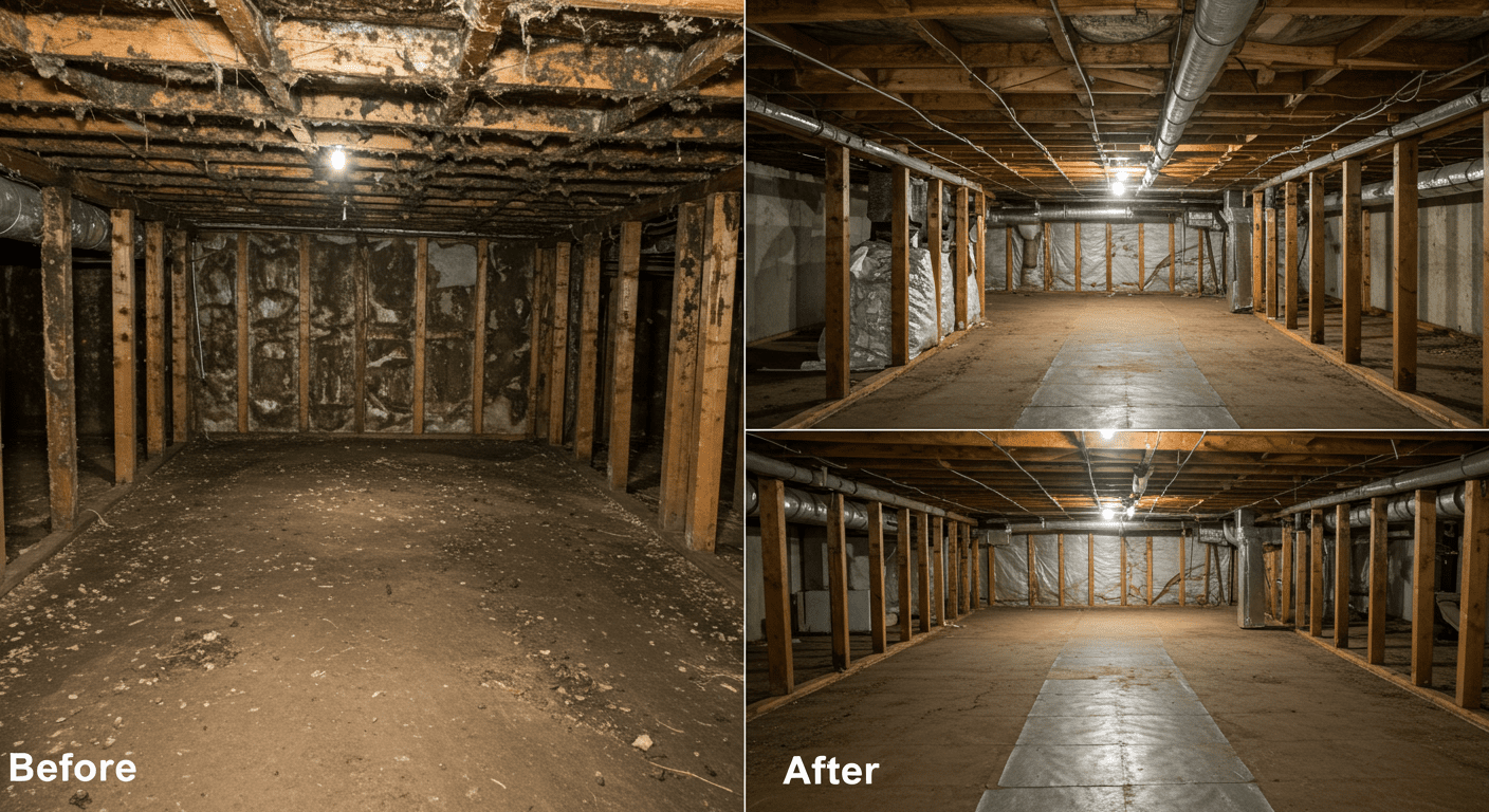 A before-and-after comparison of a crawl space, showing the transformation from mold-infested to clean and safe.