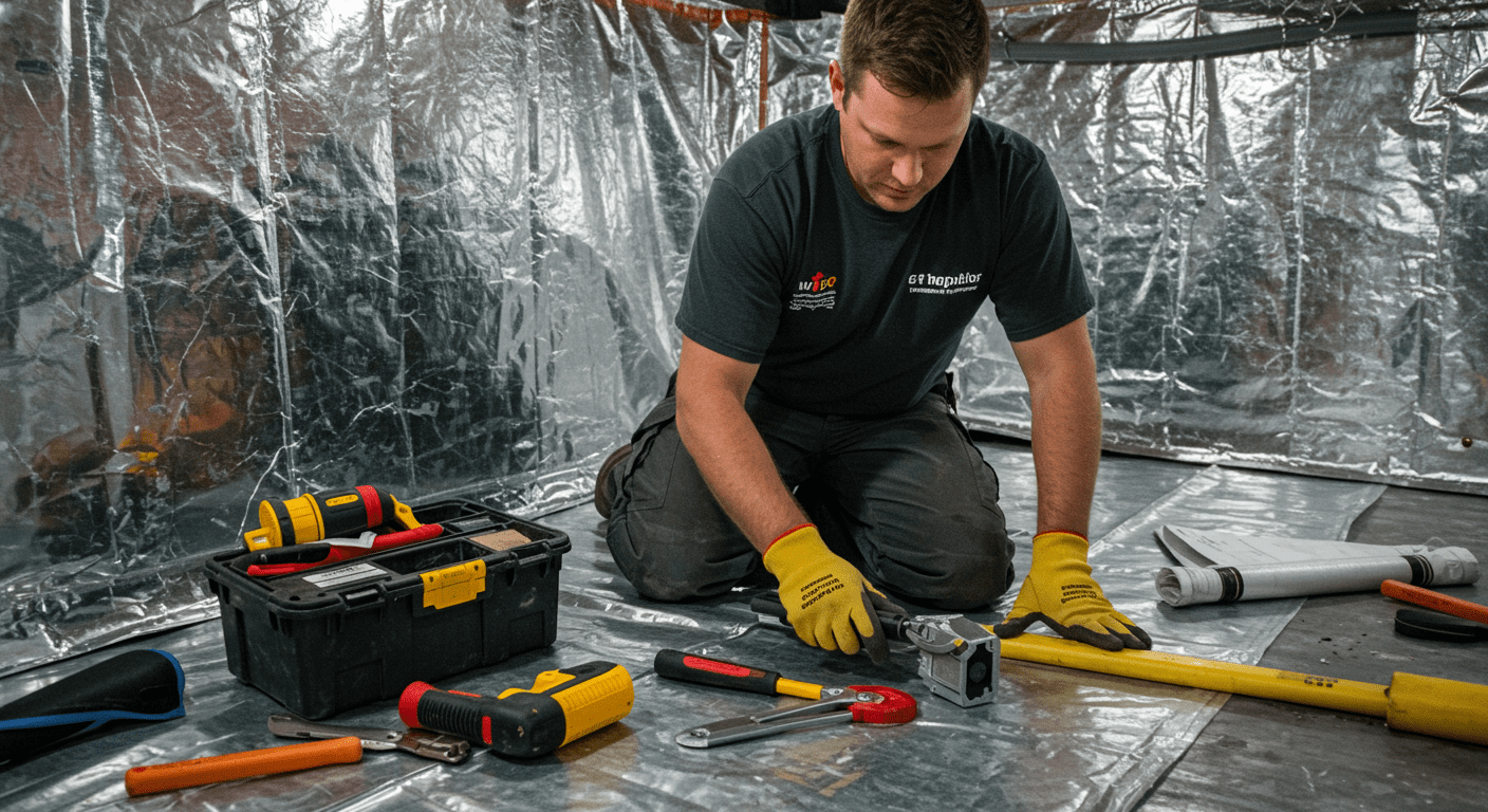 A professional technician installing a vapor barrier in a crawl space. The technician is focused on the task, demonstrating the encapsulation process with tools and materials spread out.