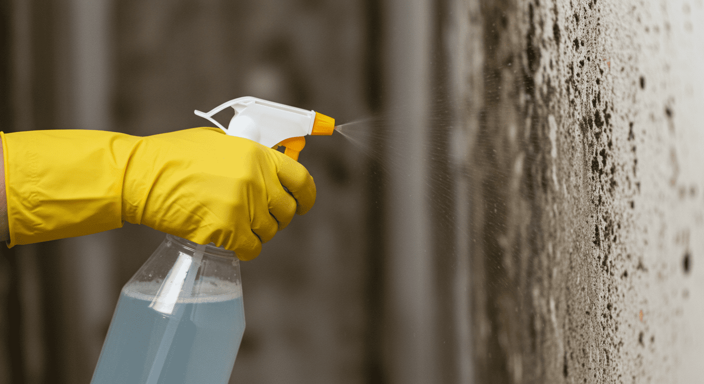 A close-up shot of a person using a spray bottle filled with a mold removal solution on a moldy wall.