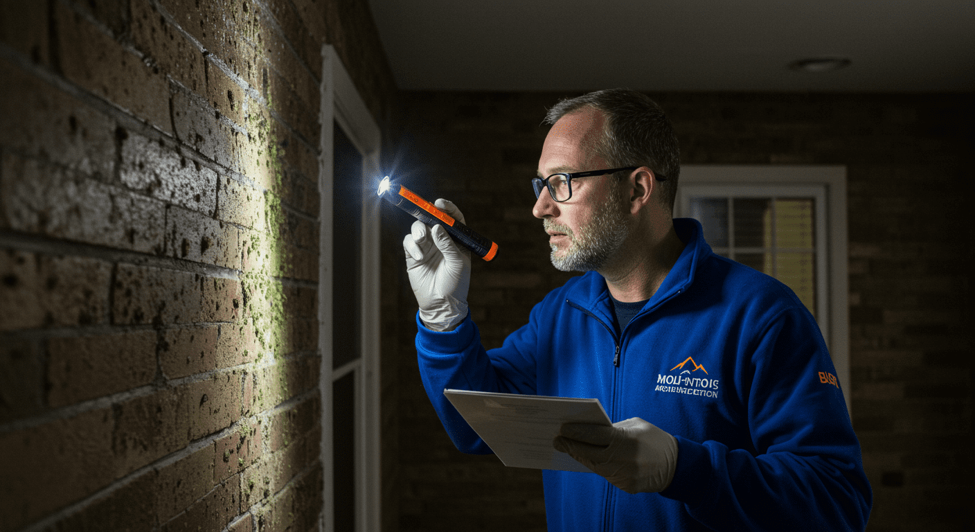 A professional mold inspector examining a residential property, using a flashlight to check for mold in dark corners. The setting showcases a typical Gastonia home with local architectural features.