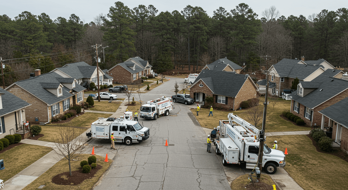A panoramic view of a neighborhood in Gastonia, NC, affected by water damage, with restoration trucks parked and workers in action. The image captures the community response to the disaster.