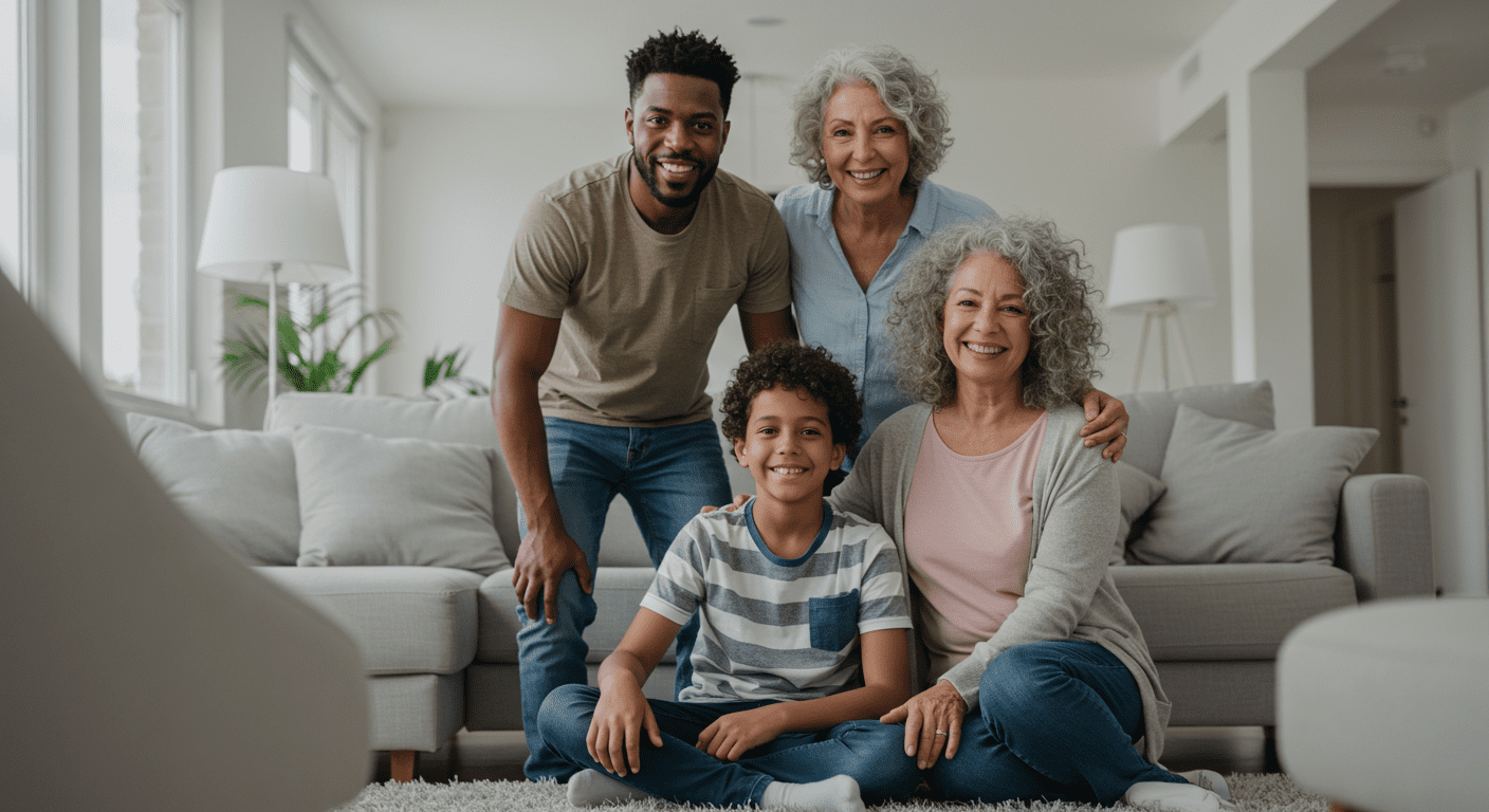 A family happily enjoying their clean home after mold removal, with a bright and airy living room in the background.