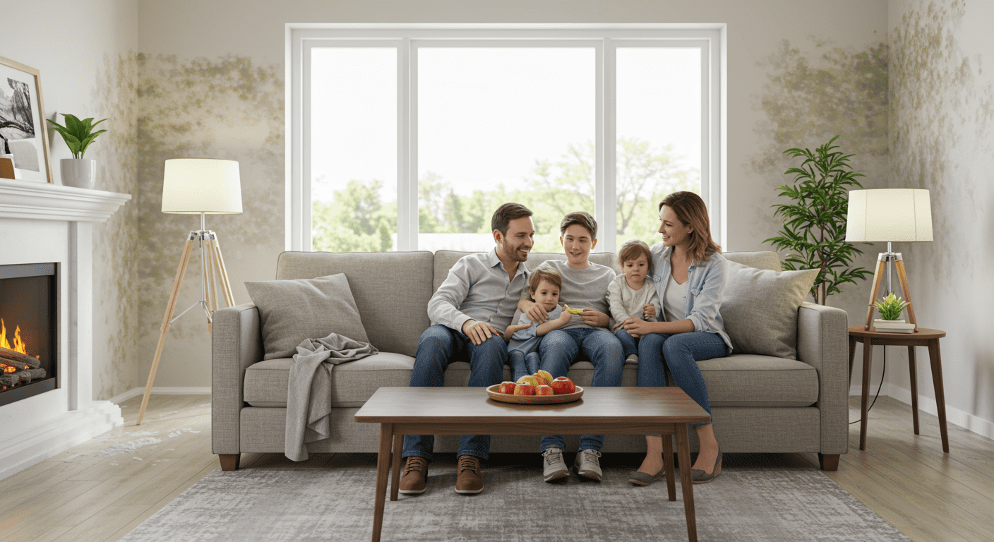 A family happily enjoying their newly restored living room, free from mold. The bright and inviting atmosphere showcases the successful outcome of mold removal and restoration, emphasizing peace of mind for homeowners.