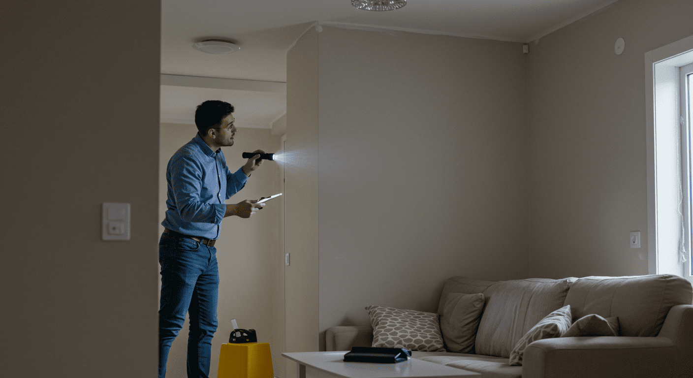 A homeowner inspecting their living room for signs of mold after a removal service.