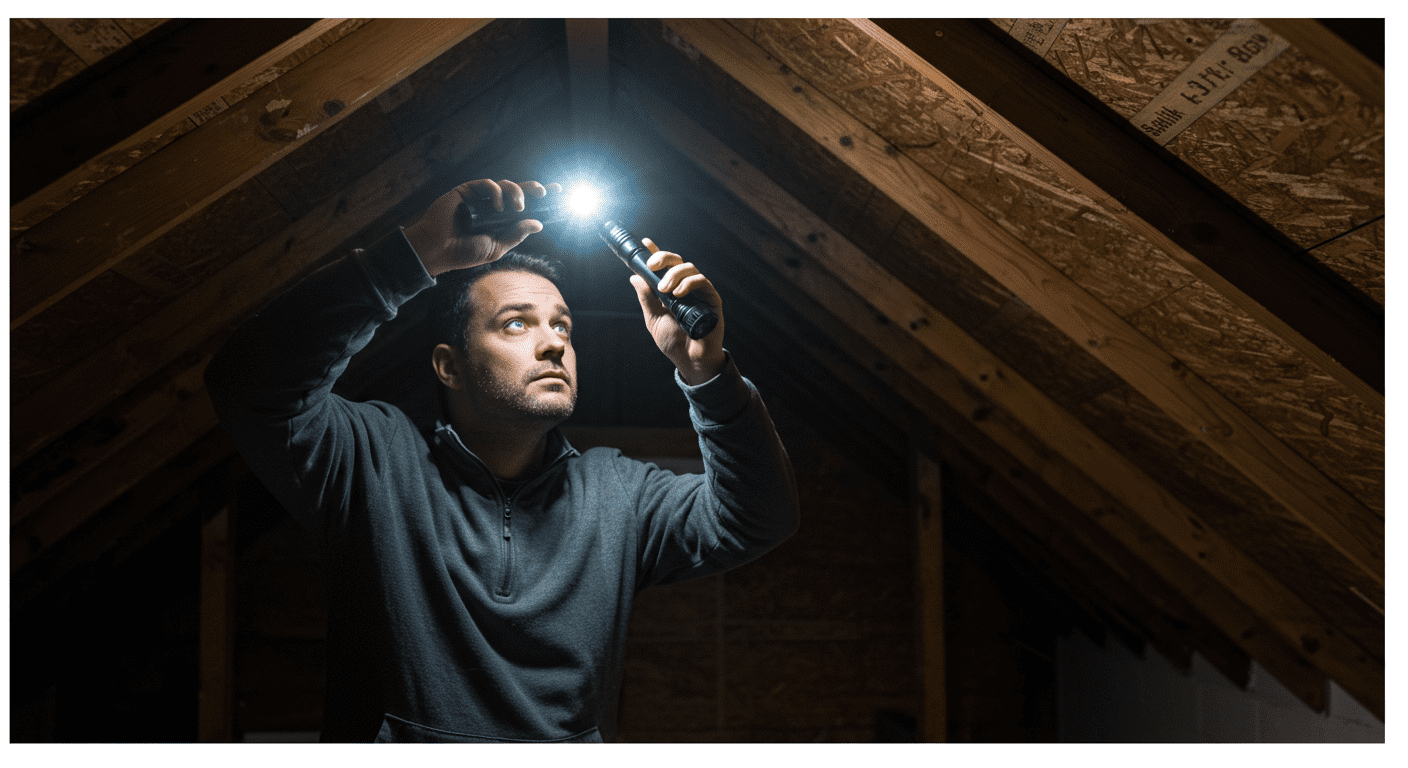 A homeowner inspecting their attic with a flashlight, looking for signs of mold. The attic is dimly lit, creating a sense of urgency and the need for vigilance in home maintenance.
