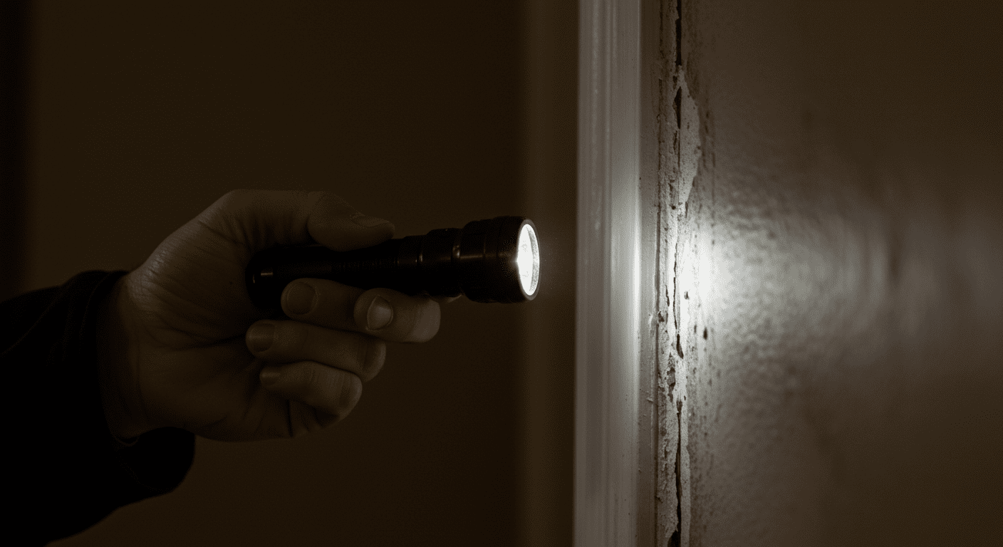 A close-up of a homeowner inspecting a wall for mold growth, with a flashlight illuminating the affected area. The setting is a typical Gastonia home interior, showcasing the local architecture.