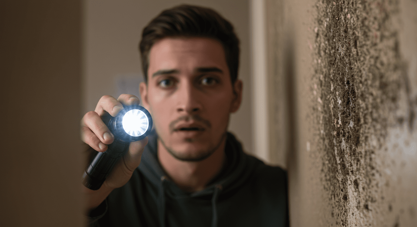 A close-up shot of a homeowner inspecting a wall with visible mold growth. The homeowner looks concerned while holding a flashlight, highlighting the seriousness of mold issues.