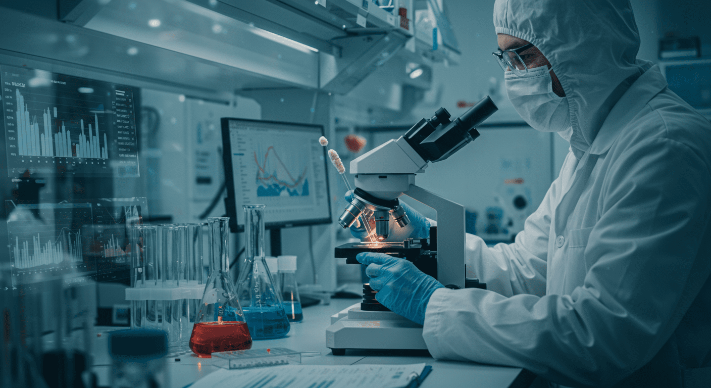 A scientist in a lab coat analyzing mold samples under a microscope, with charts and data on a screen in the background. The lab is well-lit and modern, showcasing professionalism.