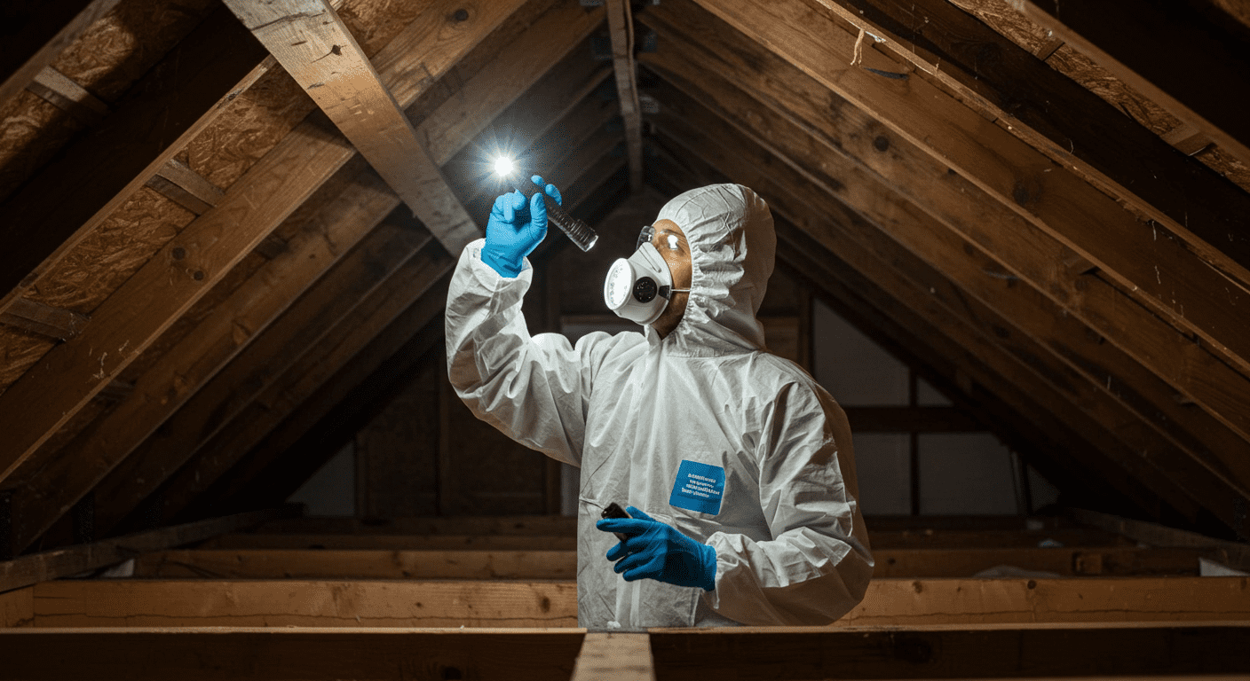 A professional mold remediation technician in protective gear inspecting an attic.