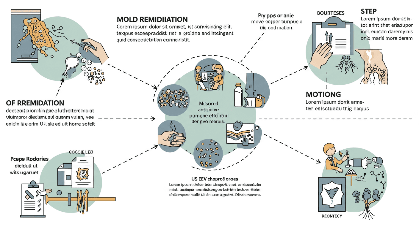A detailed infographic-style image showing the steps of mold remediation according to EPA guidelines.
