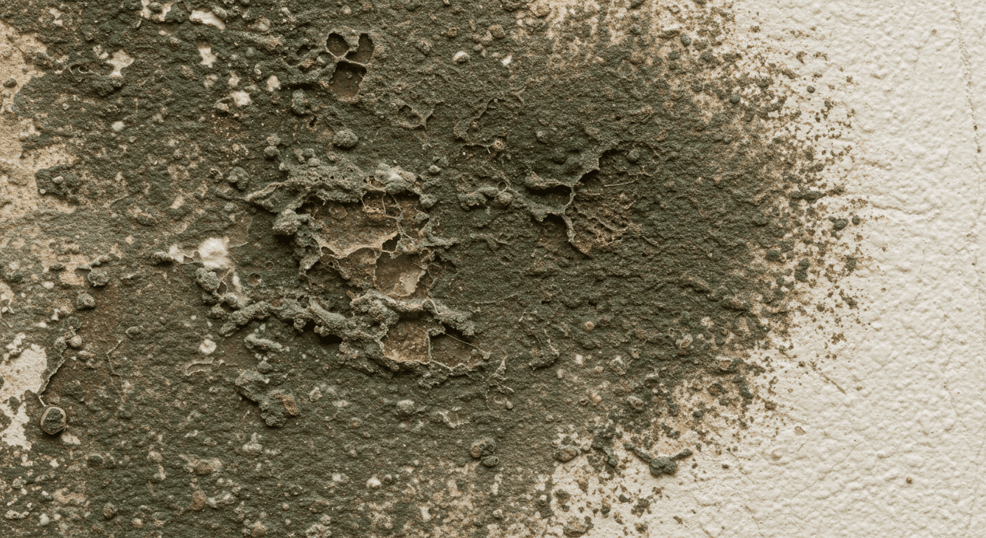 A close-up view of mold growth on a wall in a residential setting, showcasing the extent of damage. The image captures the texture and color variations of the mold, emphasizing the need for cleanup.