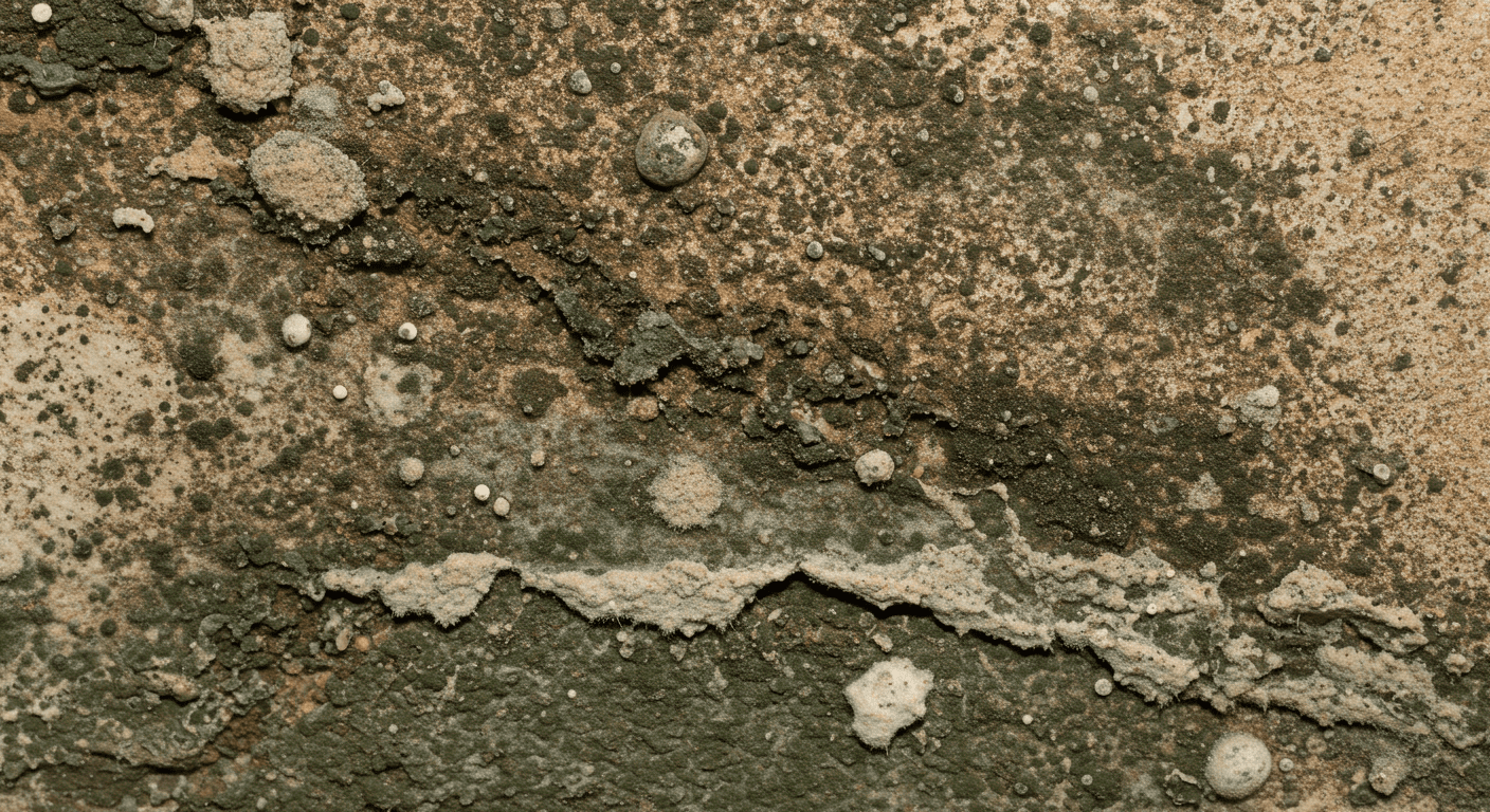 A close-up shot of mold growth on a basement wall, showcasing various textures and colors of mold. The image captures the dampness of the environment, emphasizing the severity of the issue.