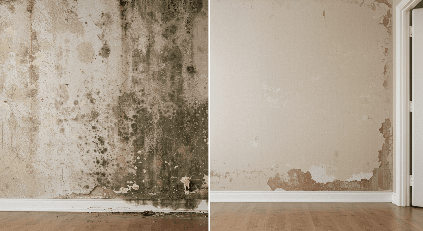 A split image showing a before-and-after scenario of a wall affected by mold. The left side shows the moldy wall, while the right side shows the same wall clean and restored, symbolizing effective mold removal.