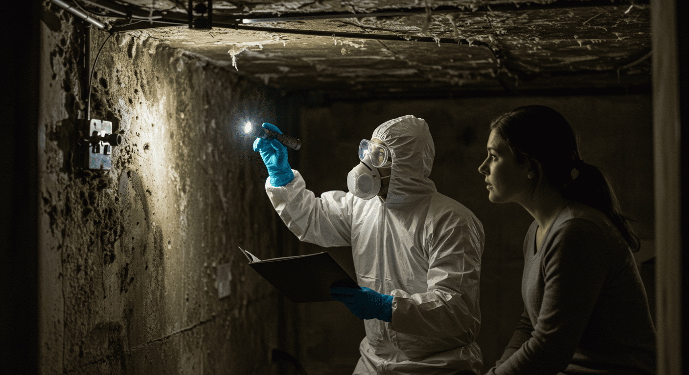 A professional mold remediation contractor in protective gear inspecting a residential basement for mold growth.