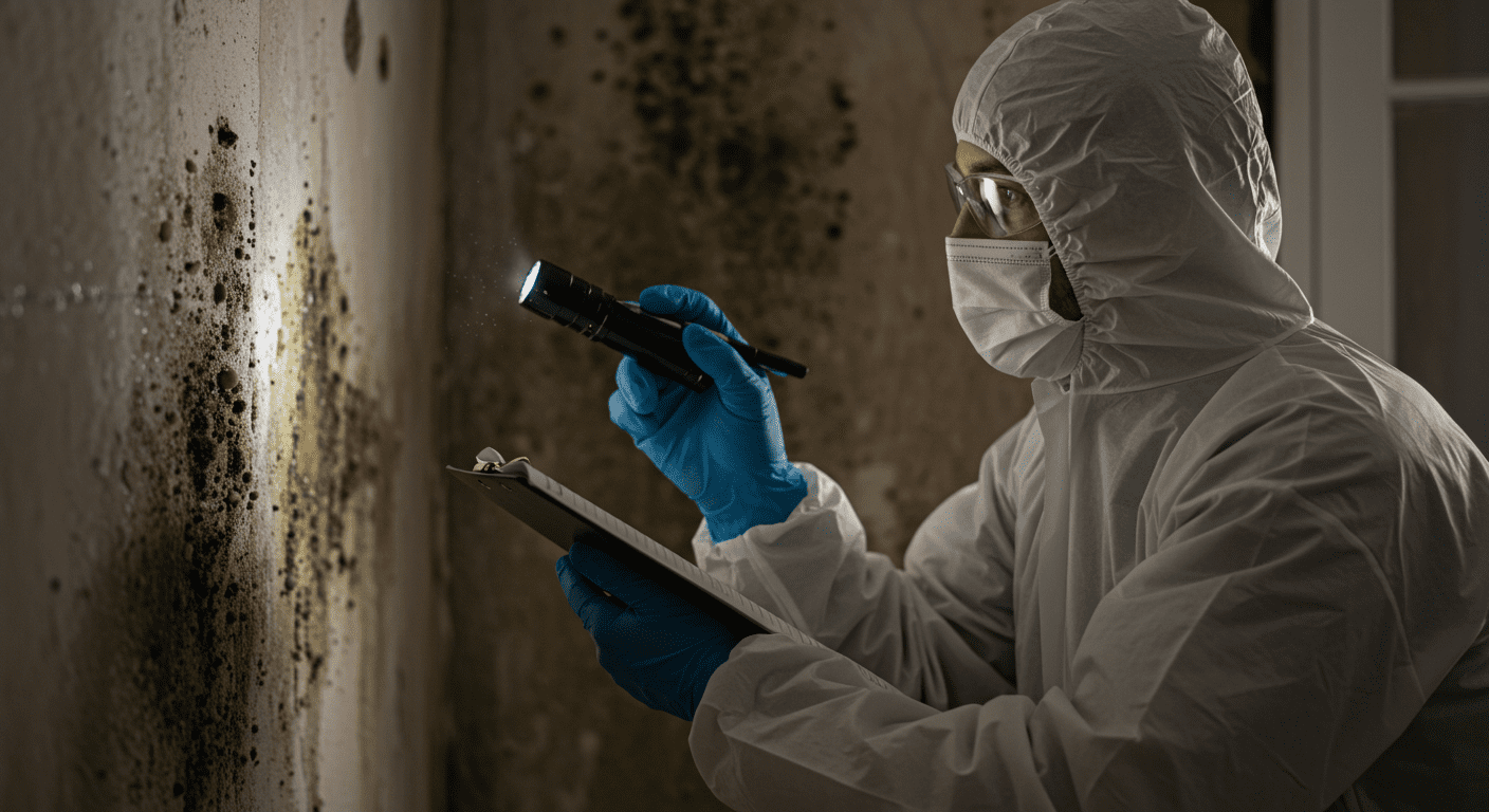 A close-up of a restoration expert inspecting a wall for mold growth, using a flashlight and taking notes. The background shows signs of water damage, emphasizing the need for professional assessment.