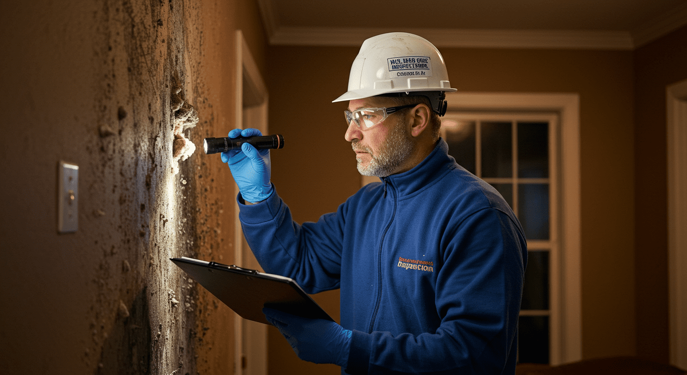 A professional mold inspector examining a wall with visible mold growth, using a flashlight and tools. The setting includes a residential home in Hickory, NC, showcasing a warm, inviting atmosphere.