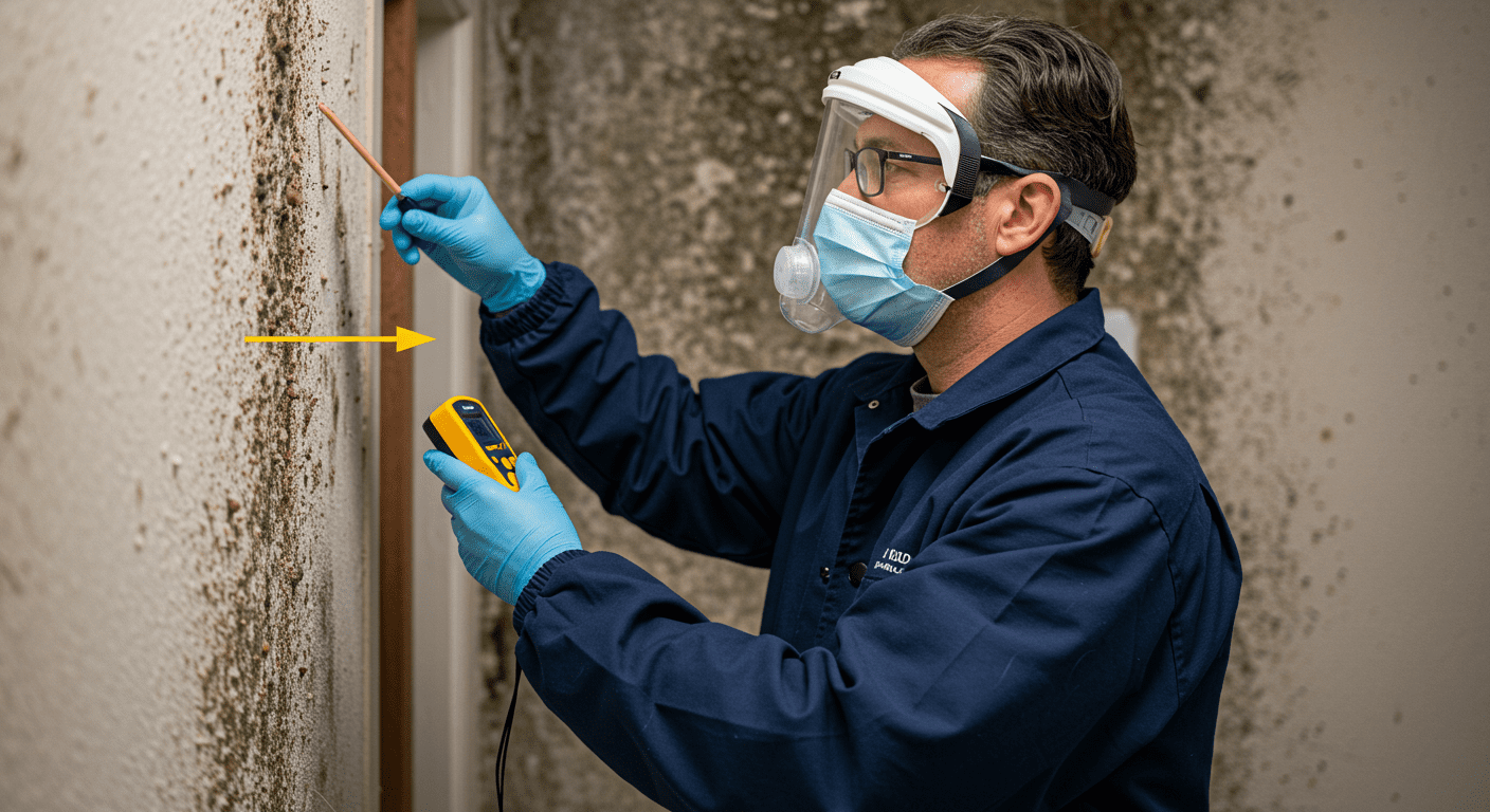 A professional mold inspector examining a wall with a moisture meter, highlighting areas of concern. The inspector is wearing protective gear, and there are visible signs of mold on the wall.