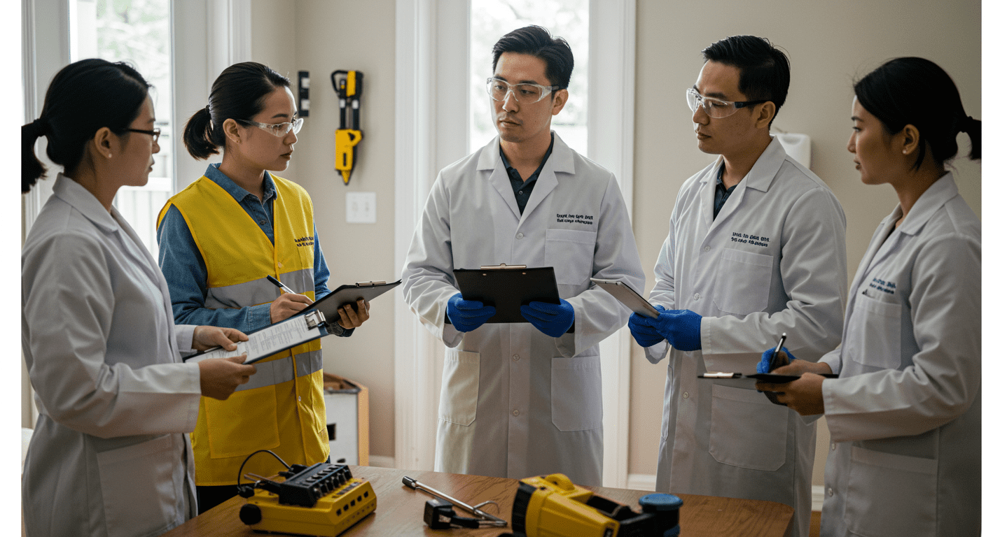 A team of mold inspectors discussing findings in a home environment, with tools and equipment visible. This image represents teamwork and expertise in handling mold issues.