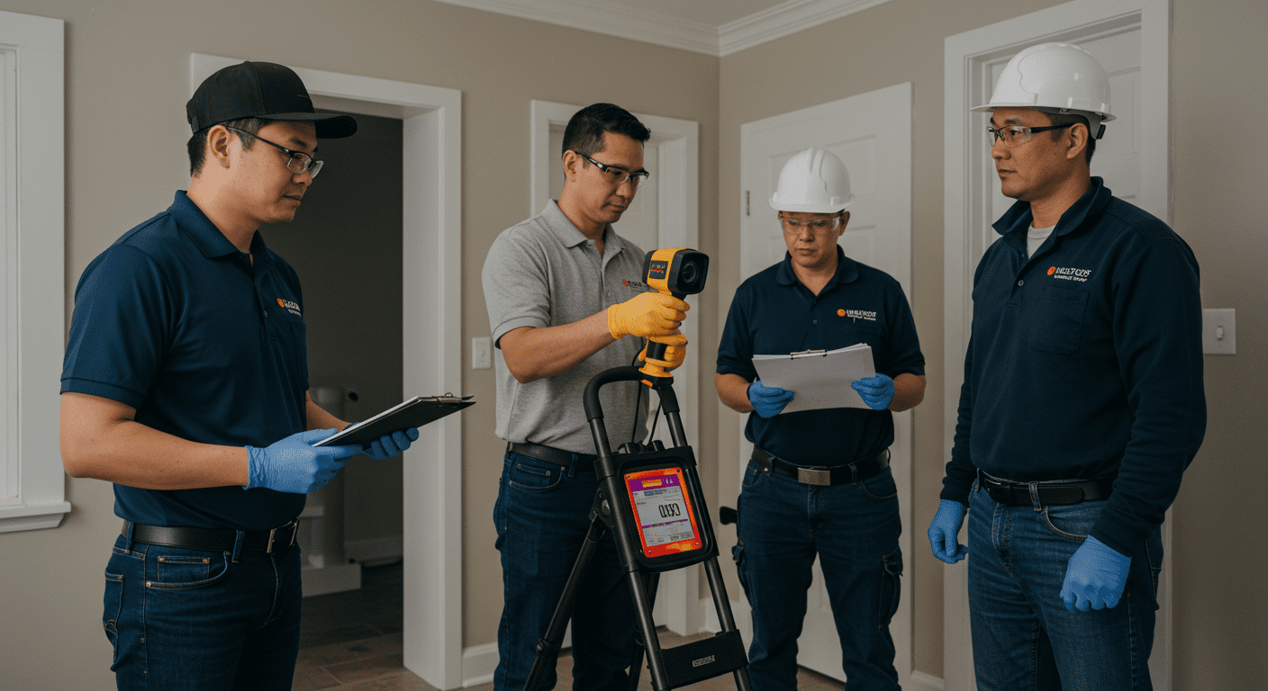 A professional team conducting a mold inspection in a home, using advanced equipment like thermal imaging cameras and moisture meters.