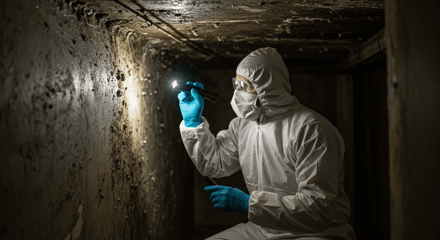 A professional mold remediation technician in protective gear inspecting a home for black mold.