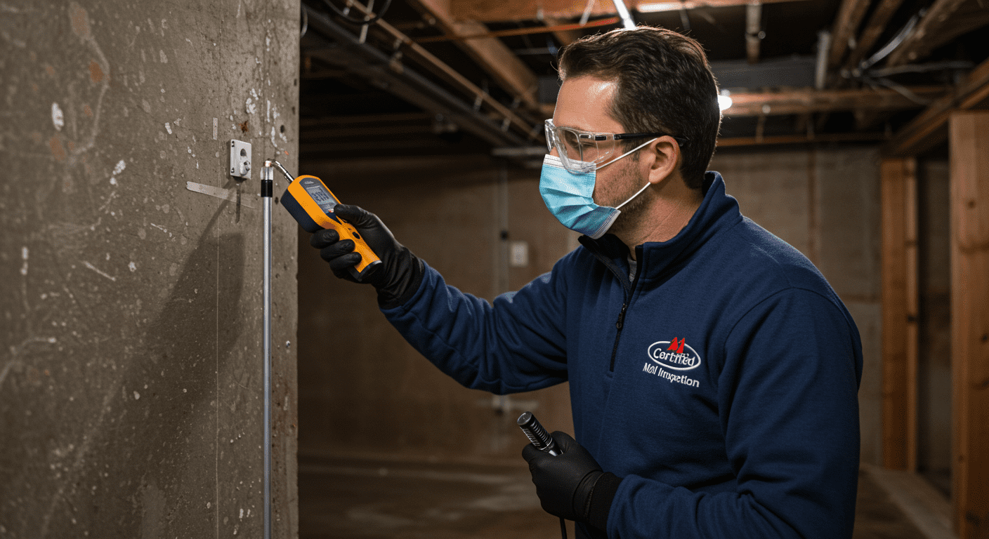 A certified mold inspector using a moisture meter to check for mold in a residential basement. The inspector is focused and wearing protective gear, highlighting professionalism.