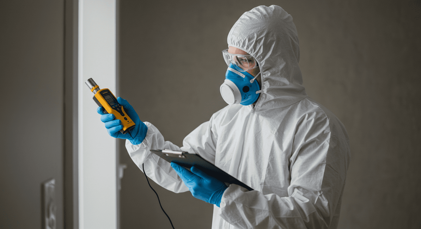 A professional mold inspector wearing protective gear is examining a wall with a moisture meter in a residential home. The focus is on the inspector's careful examination of the area.