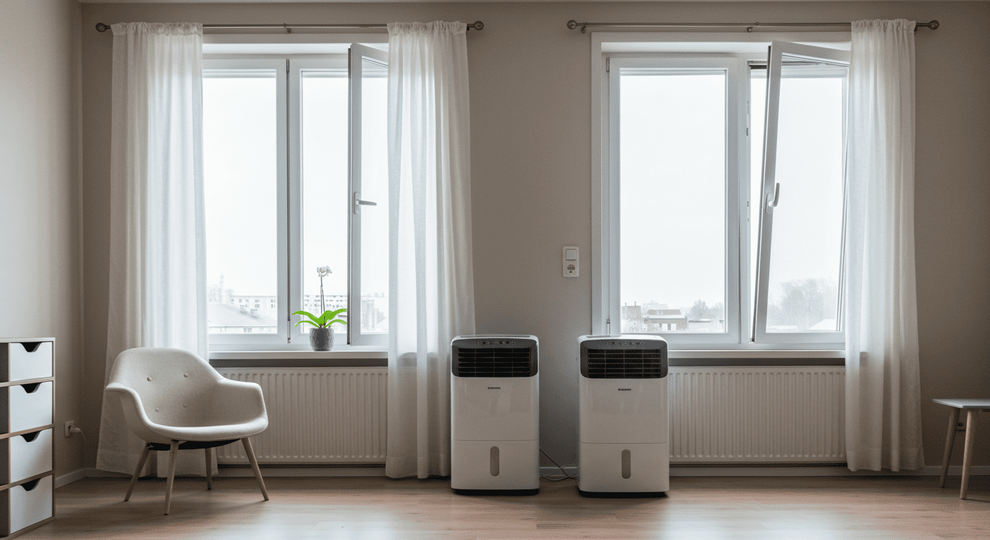 A serene indoor environment with good ventilation, showcasing open windows and dehumidifiers in action.