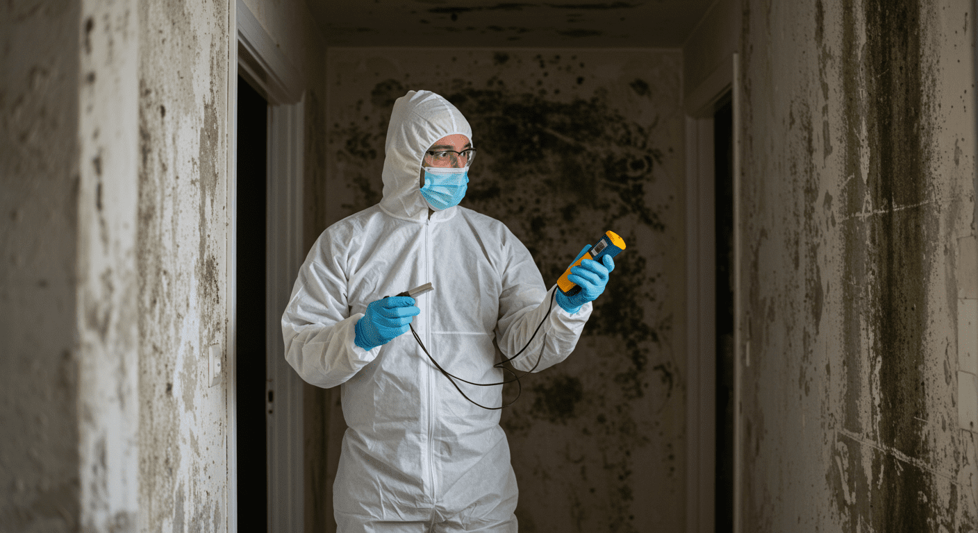 A professional mold remediation technician in protective gear inspecting a home interior, highlighting the process of mold removal. The technician is using a moisture meter, with visible signs of mold on the walls.
