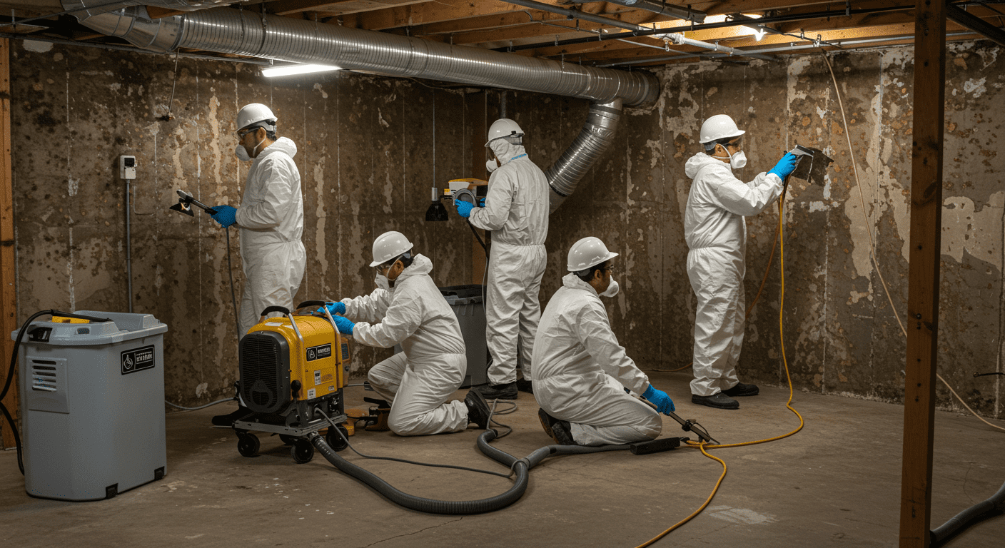 A team of professionals in protective gear working on mold remediation in a basement. They are using equipment like air scrubbers and dehumidifiers, with visible mold being removed from the walls.