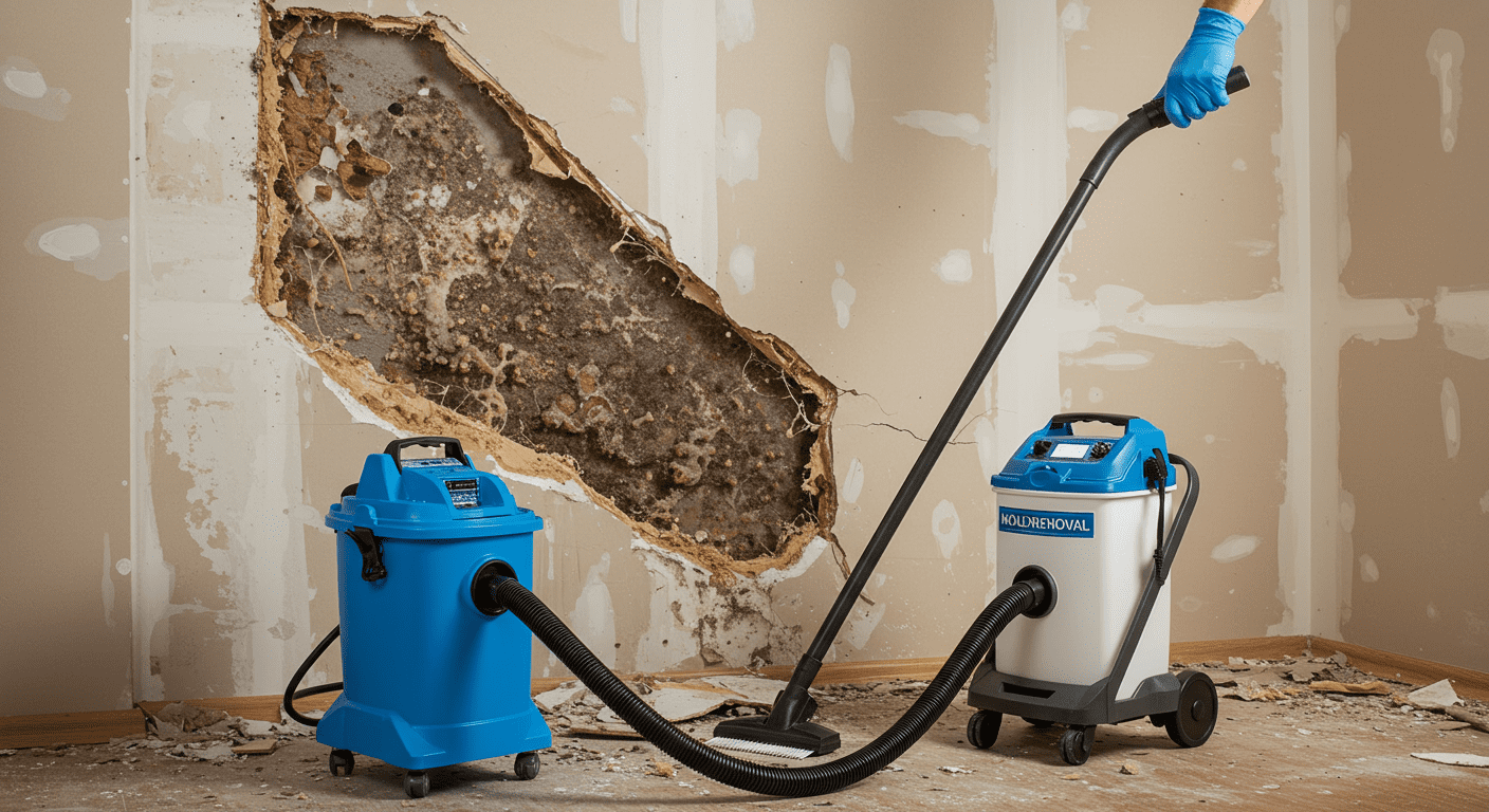 A scene depicting the mold removal process, featuring a technician using specialized equipment like a HEPA vacuum and air scrubber. The background shows a partially removed section of drywall with visible mold.