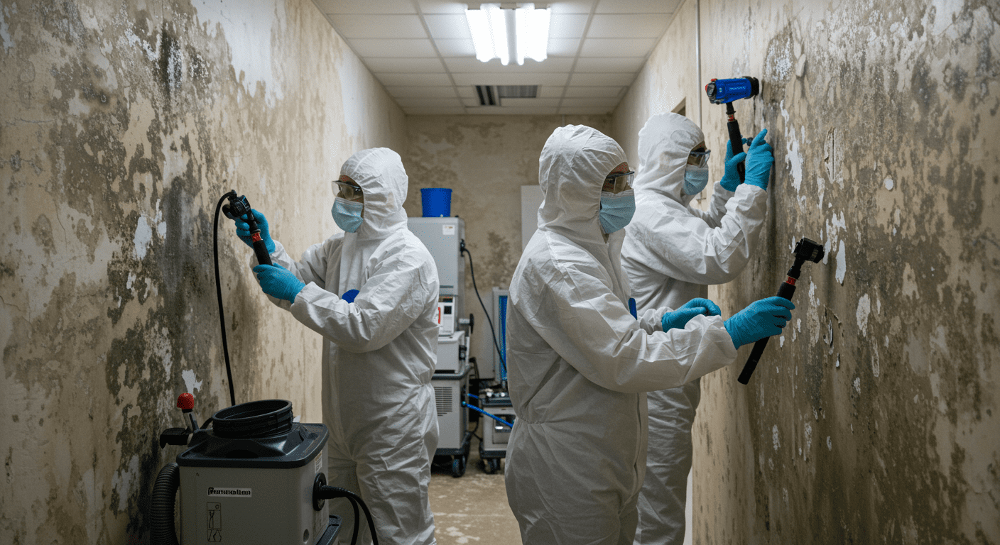 A team of mold remediation specialists in protective suits actively removing mold from a wall.