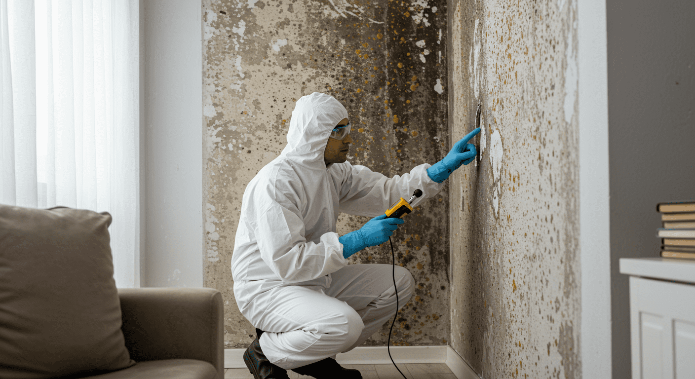 A professional mould removal technician in protective gear inspecting a damp corner of a living room, with visible mould growth on the wall. The technician is using a moisture meter to assess the situation.