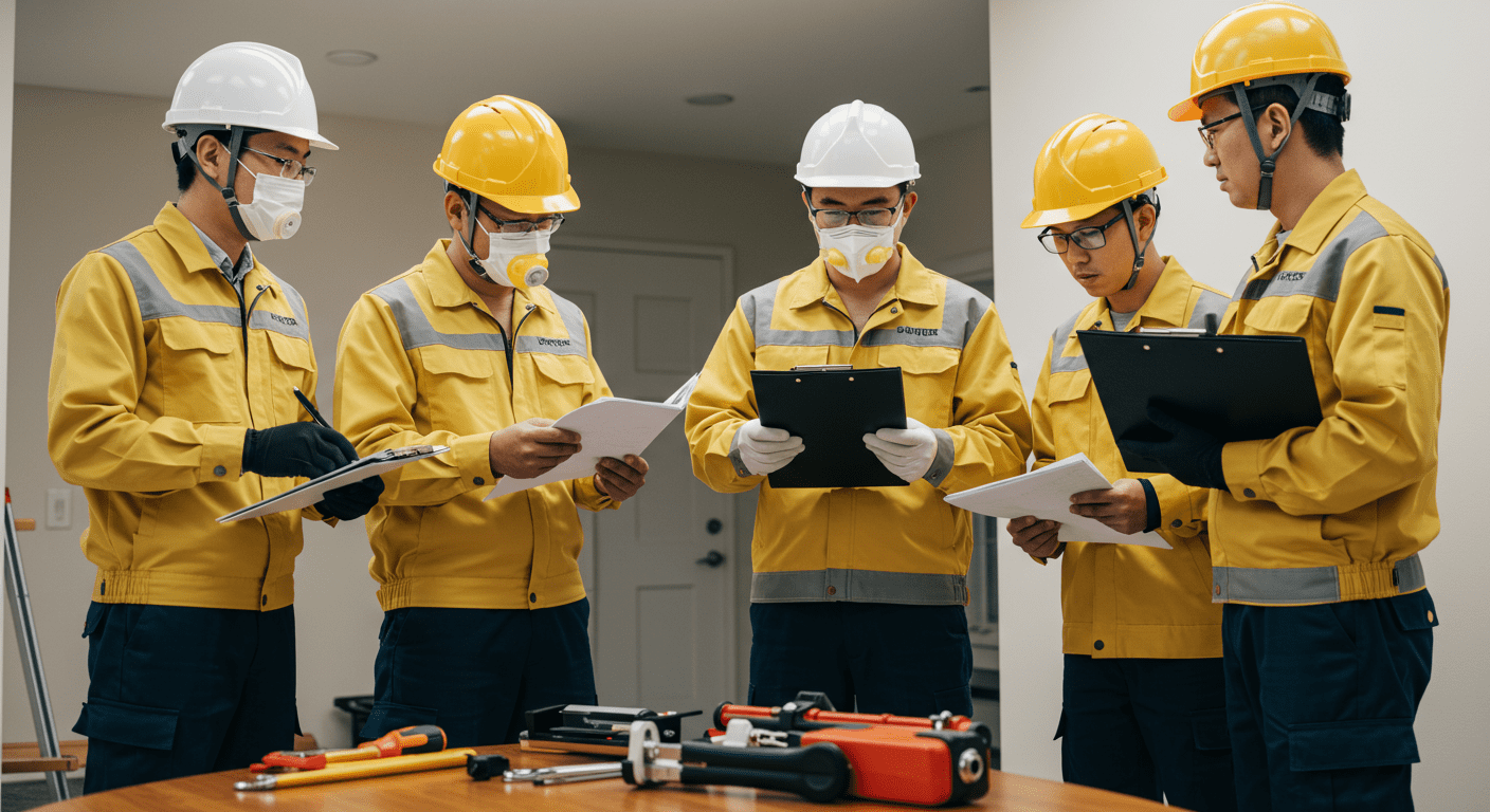 A dynamic shot of a team of inspectors in protective gear conducting an inspection in a residential setting. The background shows them actively discussing findings, with tools and equipment laid out, emphasizing professionalism and teamwork.