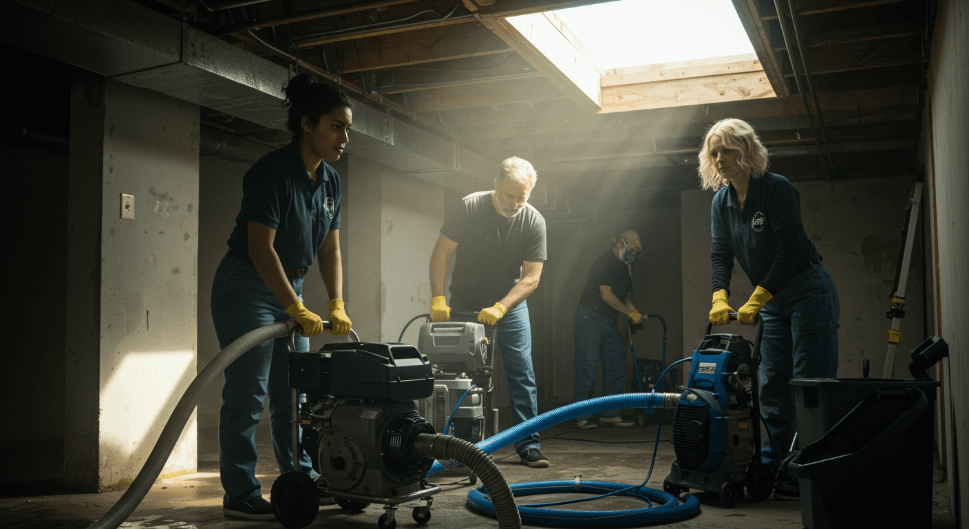 A team of restoration professionals working together to repair a flooded basement, showcasing teamwork and efficiency in action.