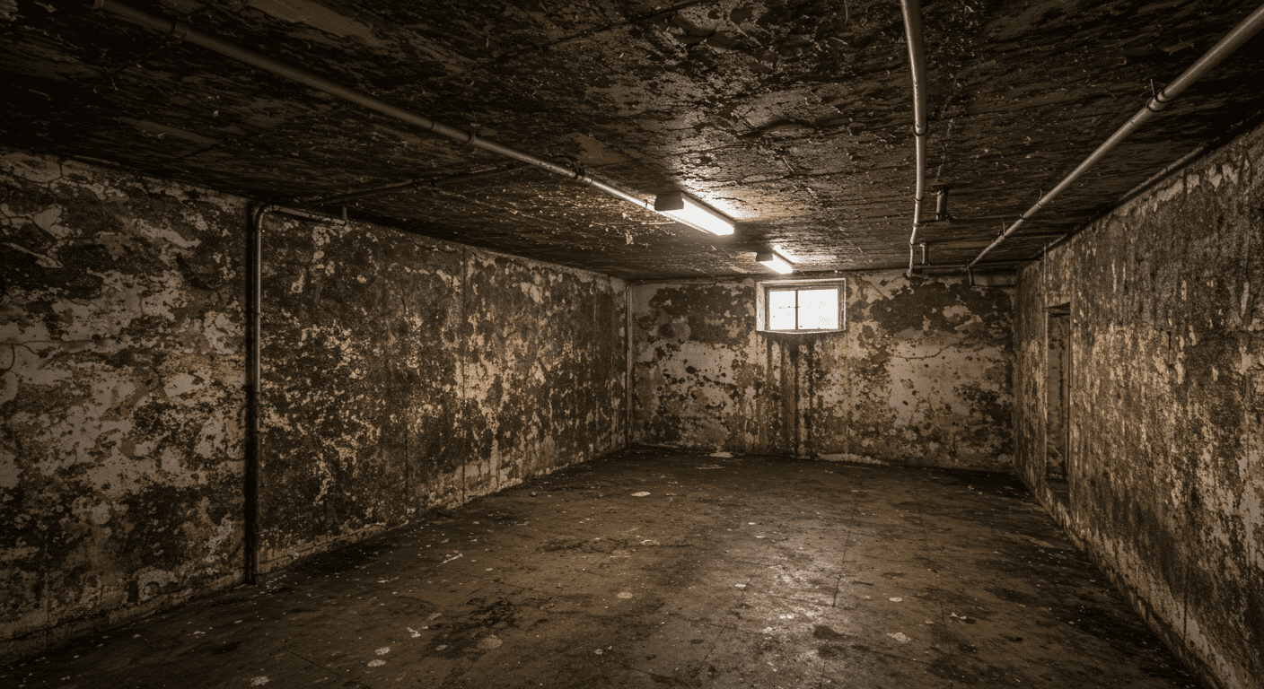 A wide shot of a dimly lit basement showing extensive black mold growth on walls and ceiling, emphasizing the severity of the infestation.