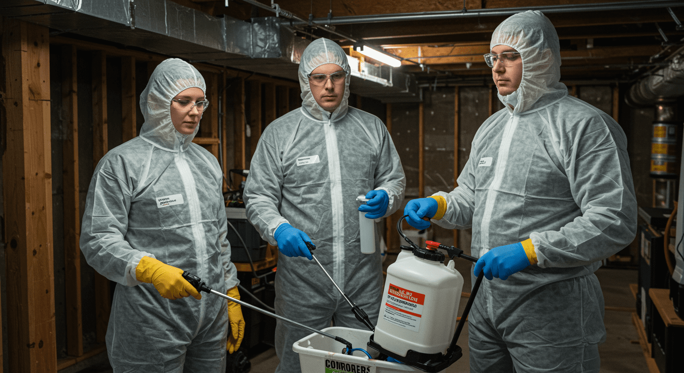 A mold remediation team working together in a basement, showcasing teamwork as they apply a mold treatment solution. The setting is well-lit, and the team is focused on their task.