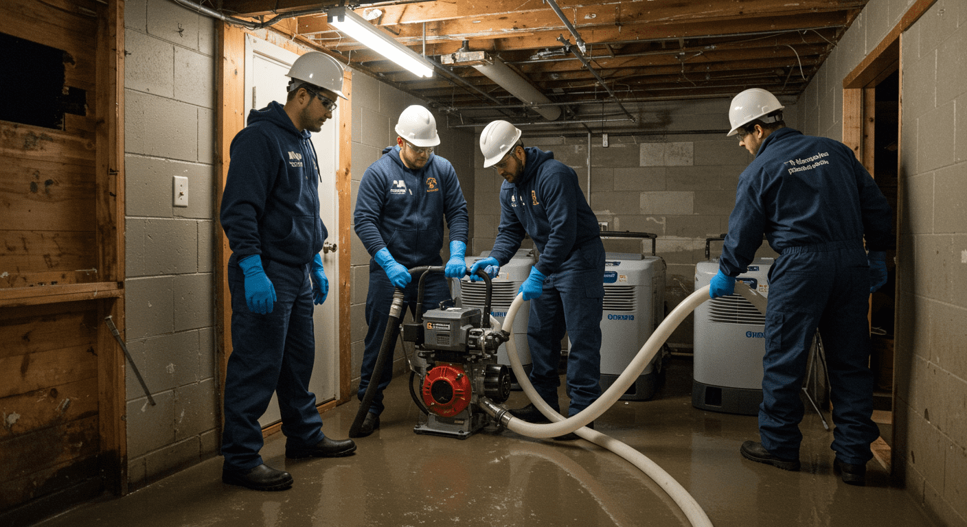 A team of certified technicians working together to remove water from a flooded basement. They are using a pump and dehumidifiers, showcasing teamwork and professionalism.