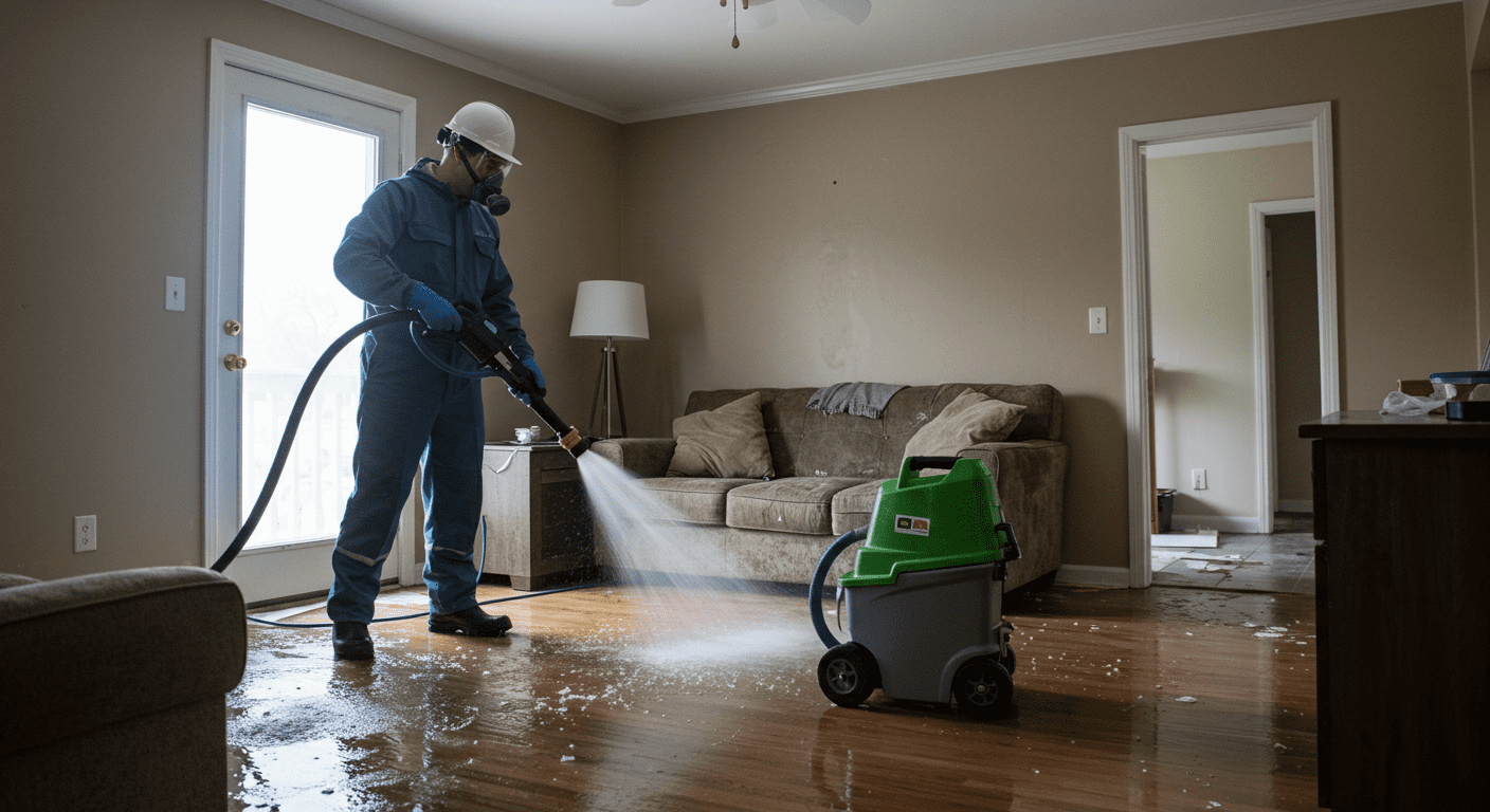A professional restoration technician in protective gear is actively extracting water from a flooded living room using a powerful water extraction machine. The room shows signs of water damage, with wet carpets and furniture being carefully moved to safety.