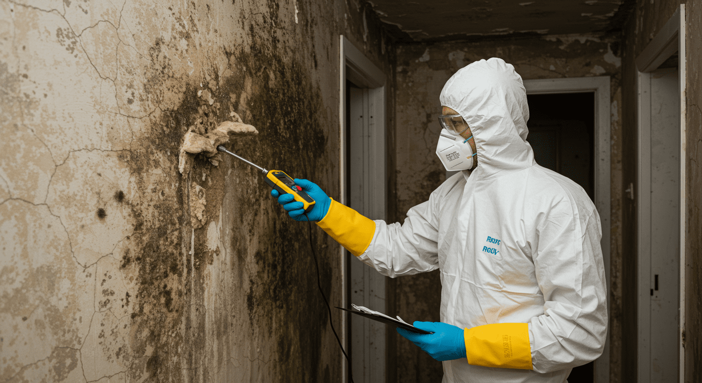 A professional technician in protective gear inspecting a water-damaged area in a home, with visible mold growth on the walls. The technician is using a moisture meter, showcasing the assessment process.